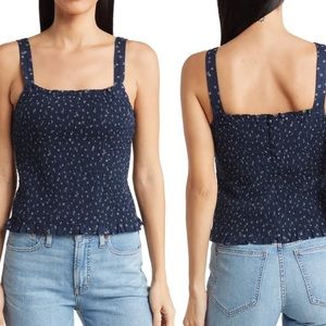 NWT Madewell Lucie Smocked Floral Tank - M, navy with white floral print